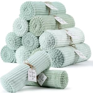 12 Pcs Sage Green Wedding Flannel Ribbed Soft Throw Blanket Bulk 50 x 60 Inch